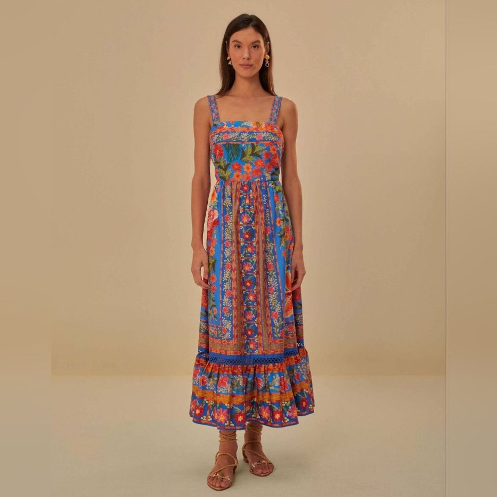 Farm Rio Stitched Garden Blue Maxi Dress